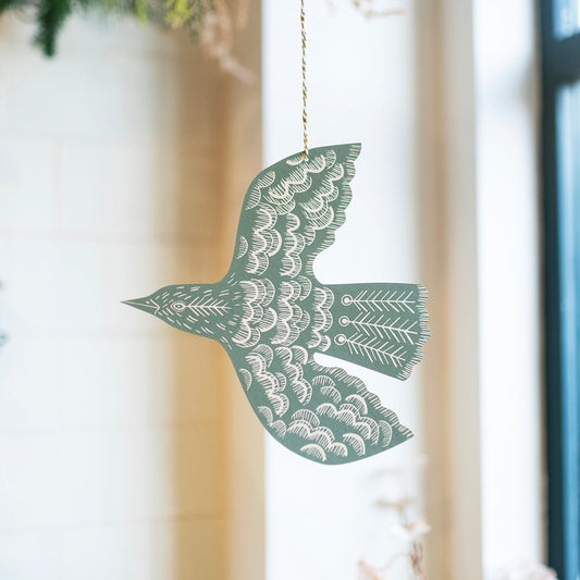 Hanging Linocut Blackbird - Teal - THE BRISTOL ARTISAN
