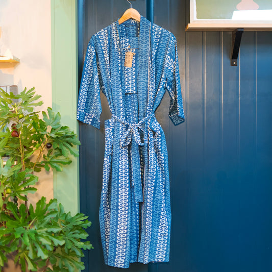 Pure Cotton Indigo Handprinted House Robe | Indigo Mughal Motif - THE BRISTOL ARTISAN