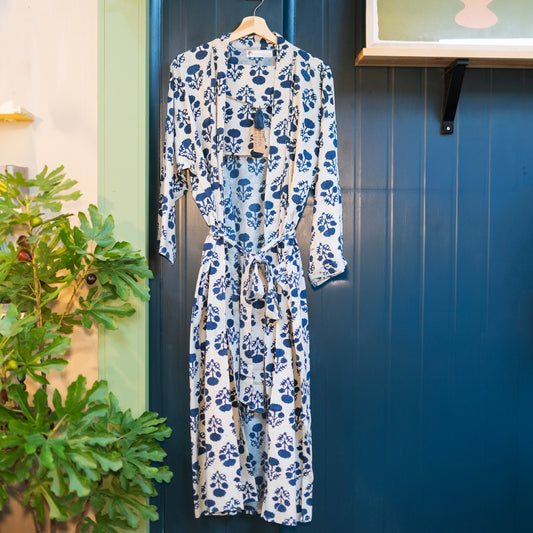 Pure Cotton Indigo Handprinted House Robe | Indigo White Floral Bloom - THE BRISTOL ARTISAN