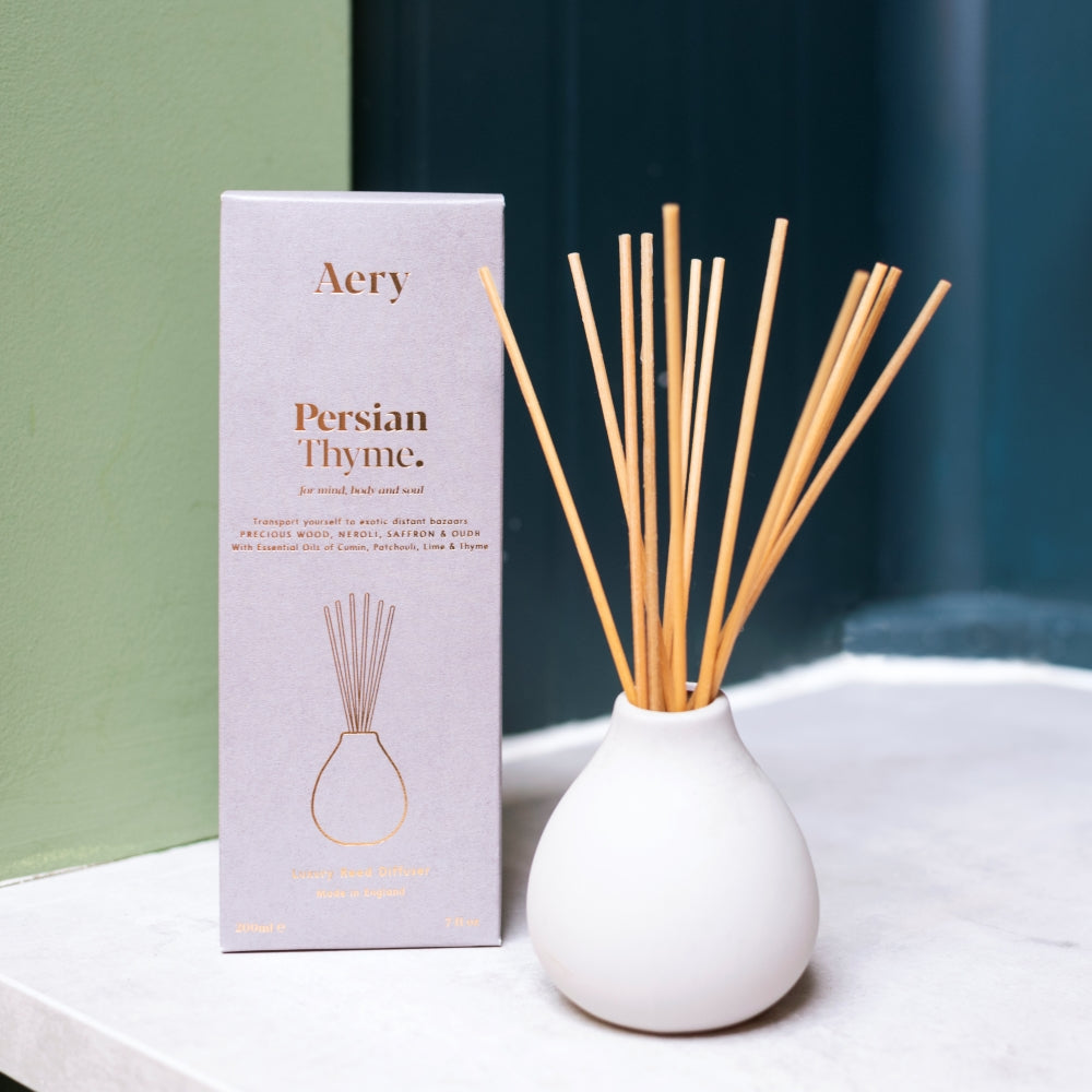 Persian Thyme Reed Diffuser In A Reusable Light Grey Clay Vase - The Bristol Artisan Handmade Sustainable Gifts and Homewares.