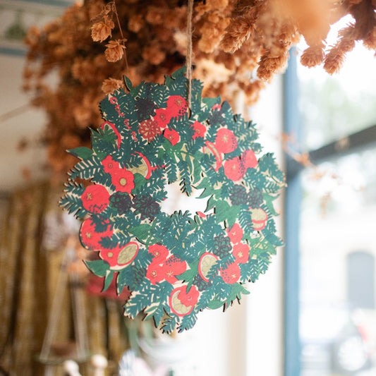 Christmas Foliage Wreath screen printed wooden decoration - The Bristol Artisan Handmade Sustainable Gifts and Homewares.