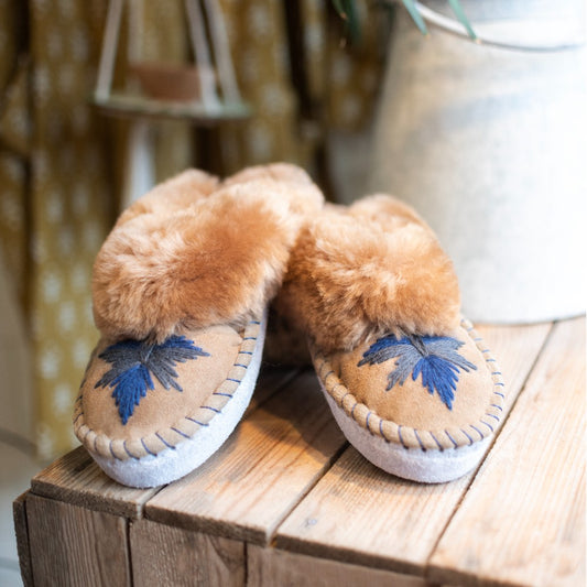 Midnight blue backless Sheepskin Mules Slippers - The Bristol Artisan Handmade Sustainable Gifts and Homewares.