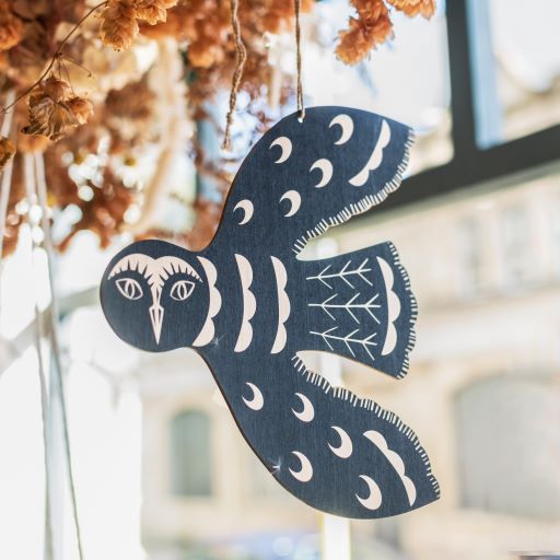 Hanging Petrol blue linocut owl - The Bristol Artisan Handmade Sustainable Gifts and Homewares.