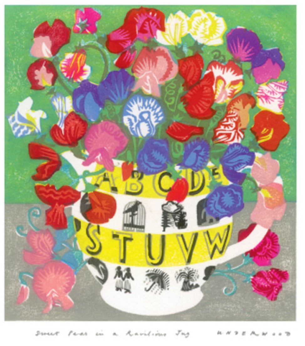 Sweet Peas woodblock print in Ravilious jug card - The Bristol Artisan Handmade Sustainable Gifts and Homewares.