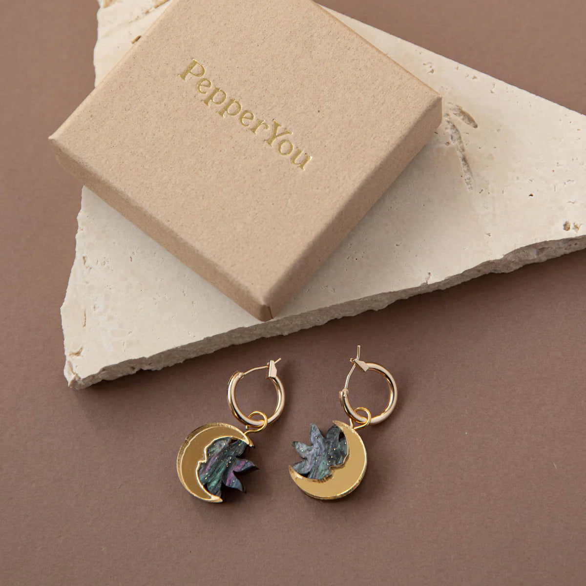 Daydream sun & moon hoop earrings - smoke & gold - The Bristol Artisan Handmade Sustainable Gifts and Homewares.