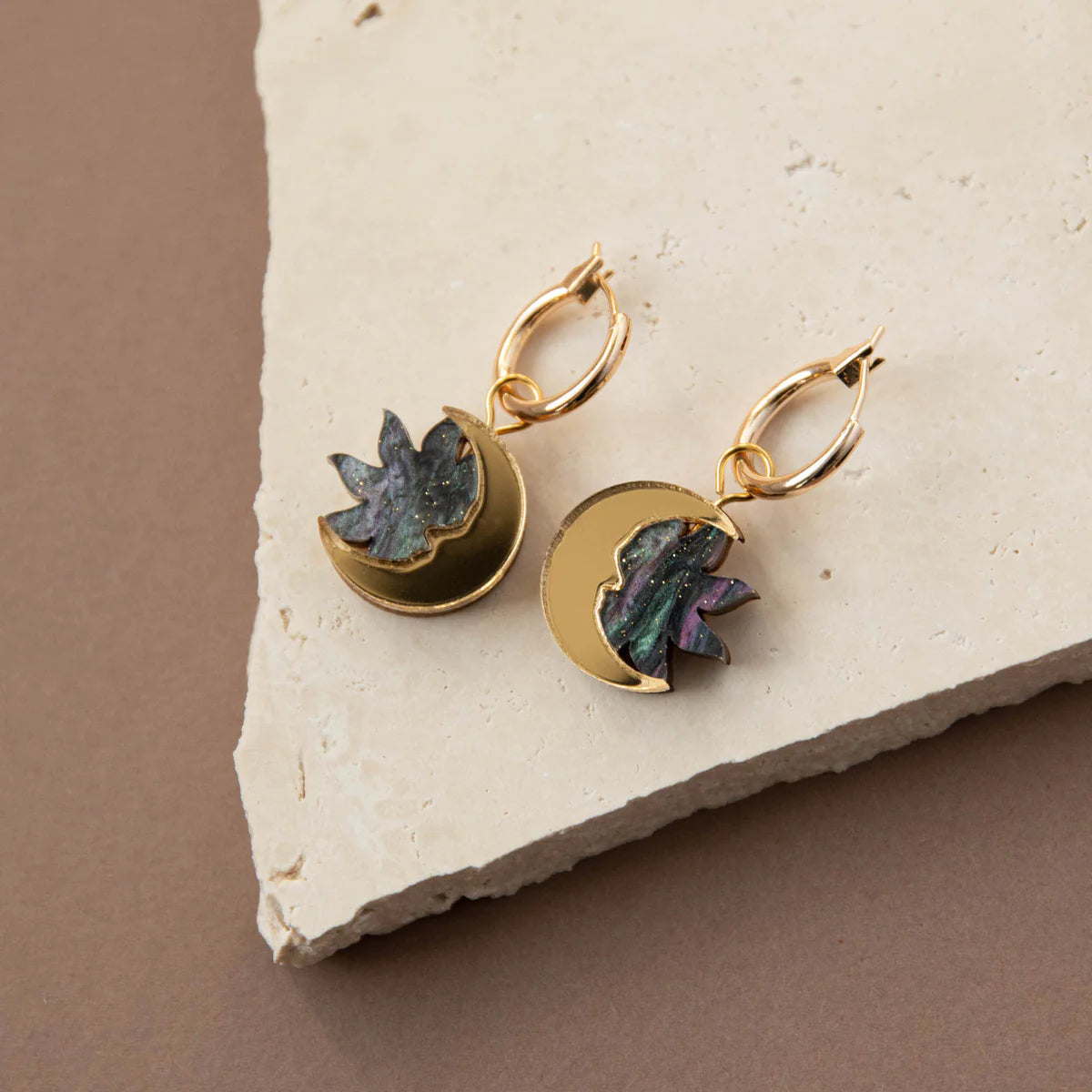 Daydream sun & moon hoop earrings - smoke & gold - The Bristol Artisan Handmade Sustainable Gifts and Homewares.
