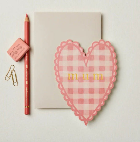 'Mum' Pink Gingham Heart Card - The Bristol Artisan Handmade Sustainable Gifts and Homewares.