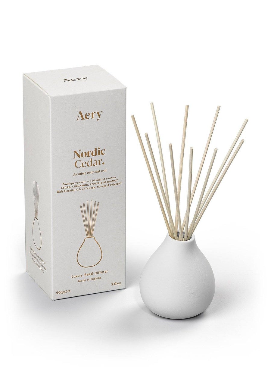 Nordic Cedar Scented Reed Diffuser In A White Reusable Clay Vase - The Bristol Artisan Handmade Sustainable Gifts and Homewares.