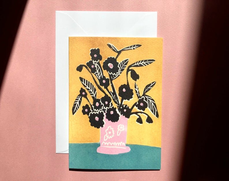 Still life in pink vase card - The Bristol Artisan Handmade Sustainable Gifts and Homewares.